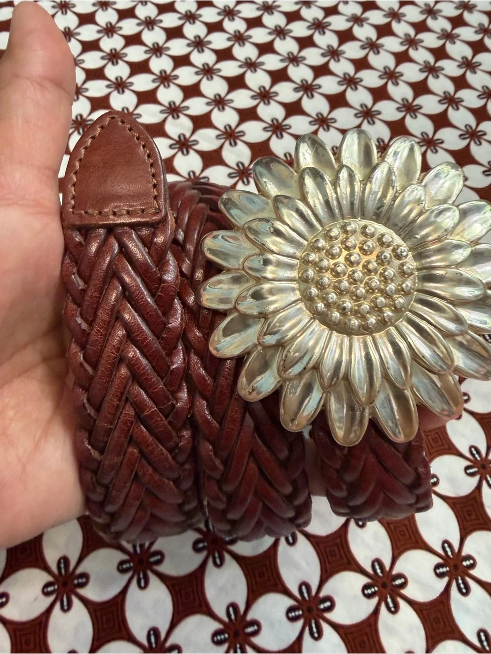 Rockmount Ranch Braided Brown Leather Belt with Silver Sunflower Buckle